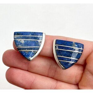 985 Silver Natural Lapis Lazuli Triangle Shaped Sterling Clip On Stud Earrings